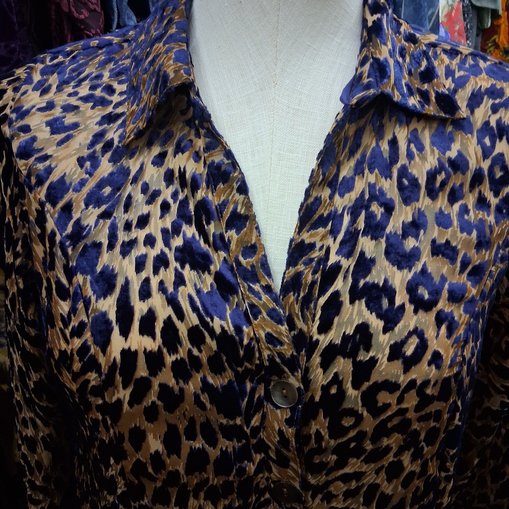 Soft Surroundings Leopard Print Satin Jacket in Blue and Tan